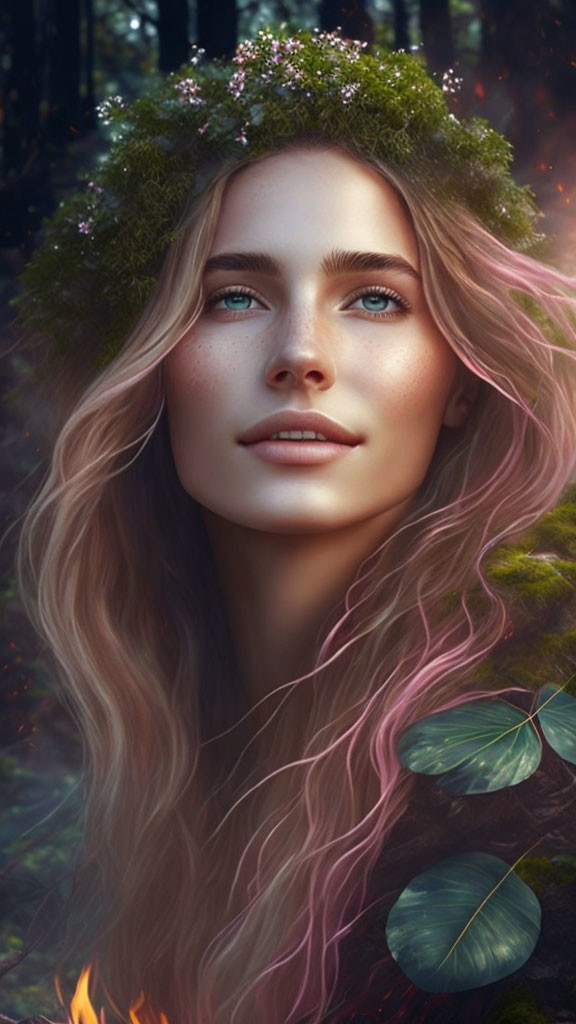 Serene woman with floral crown in mystical forest portrait