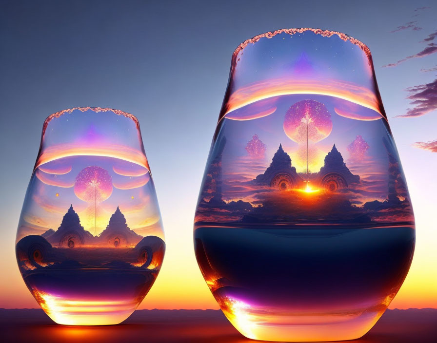 Surreal landscape reflected in two glasses at dusk