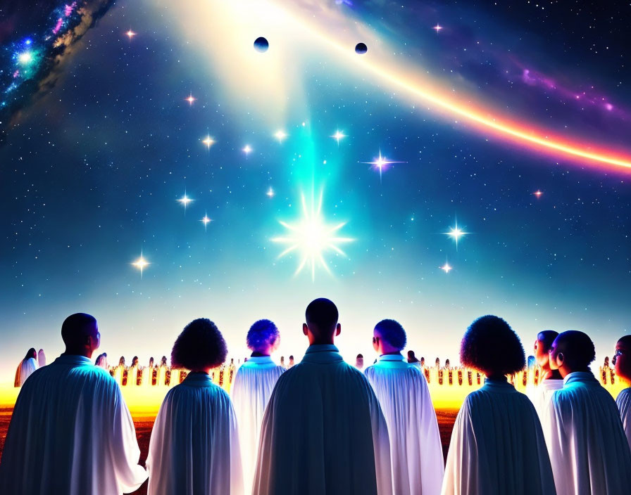 Group in white robes under vibrant cosmic sky with stars, planets, and colorful nebulae