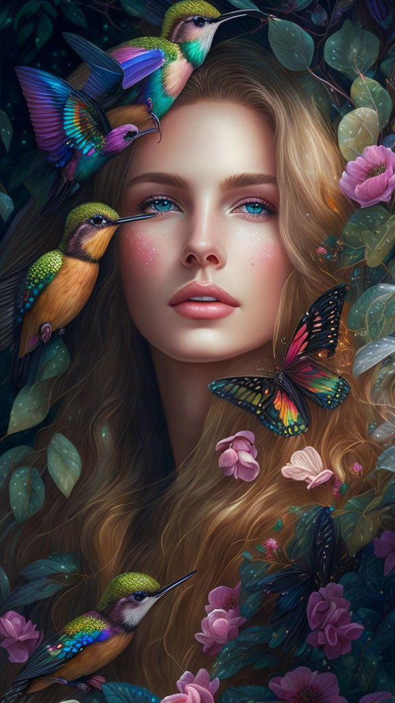 Woman with hummingbirds and butterflies in lush floral setting