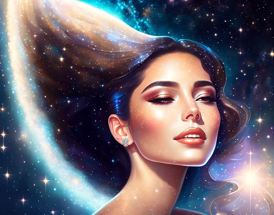 Vibrant cosmic-themed digital portrait of a woman with flowing galaxy hair