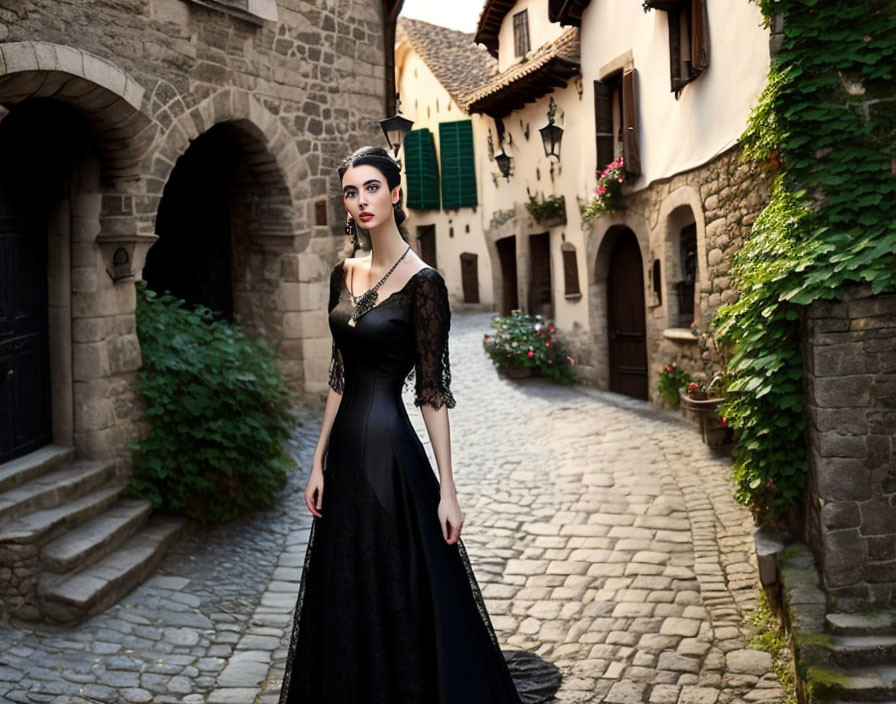 Woman in Black Dress Stands on Cobblestone Street