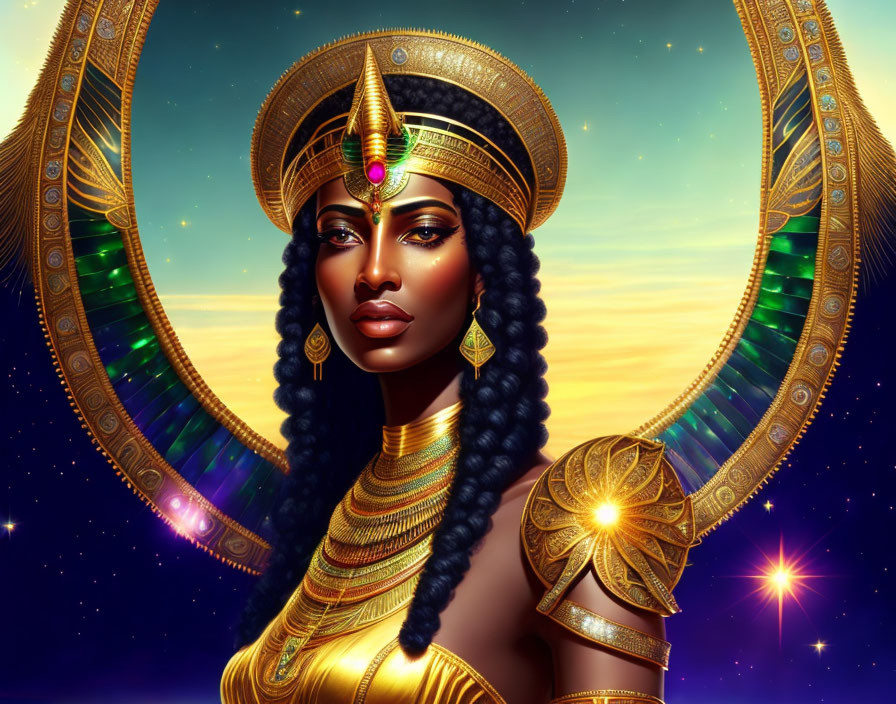 Regal woman in Egyptian-style attire against cosmic backdrop