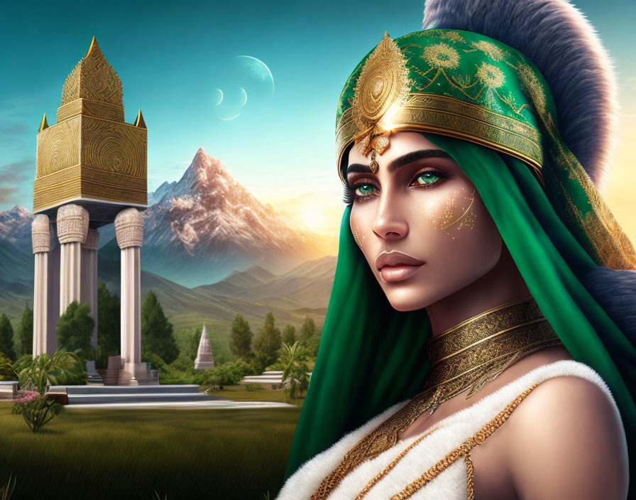 Fantasy landscape with woman in green headwear, mountains, ancient architecture, crescent moon