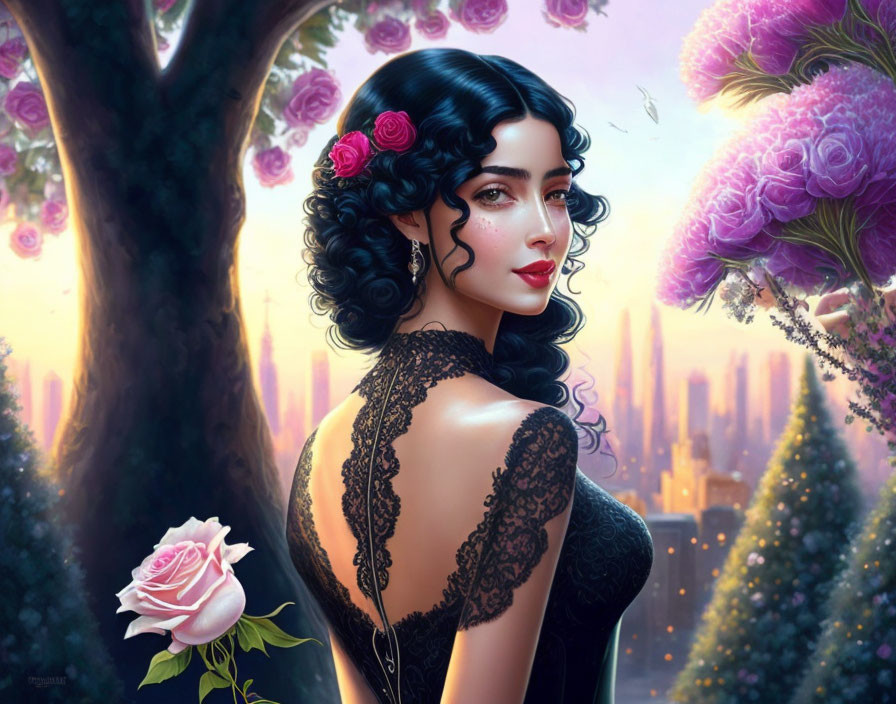 Digital artwork: Woman with dark curly hair, roses, black lace dress, magical cityscape, pink