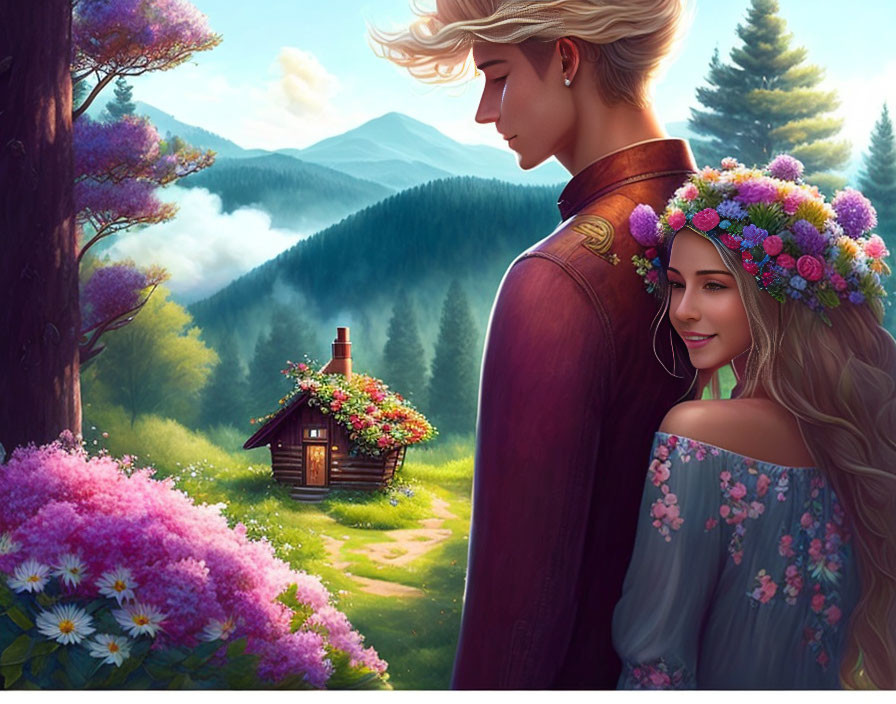 Young couple in whimsical forest with flower wreath, cabin, lush greenery