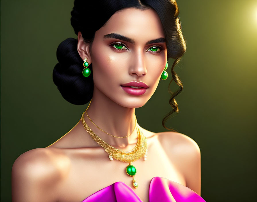 Digital portrait of woman with green eyes, dark hair in buns, gold jewelry, magenta attire