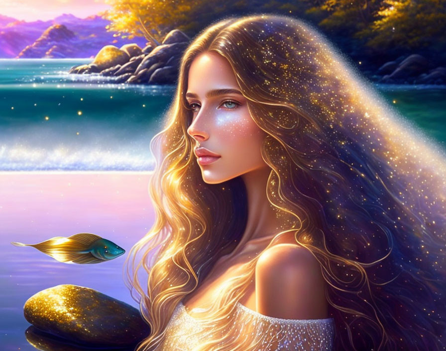 Mystical woman with sparkling hair gazes at fish by serene lake at dusk