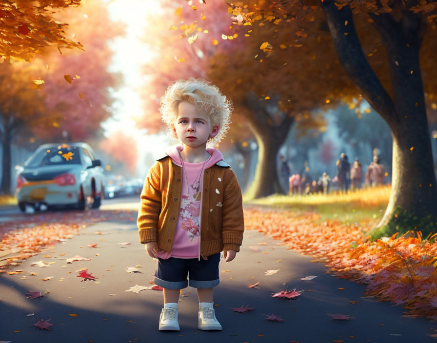 Child in autumn street surrounded by orange trees and fallen leaves.