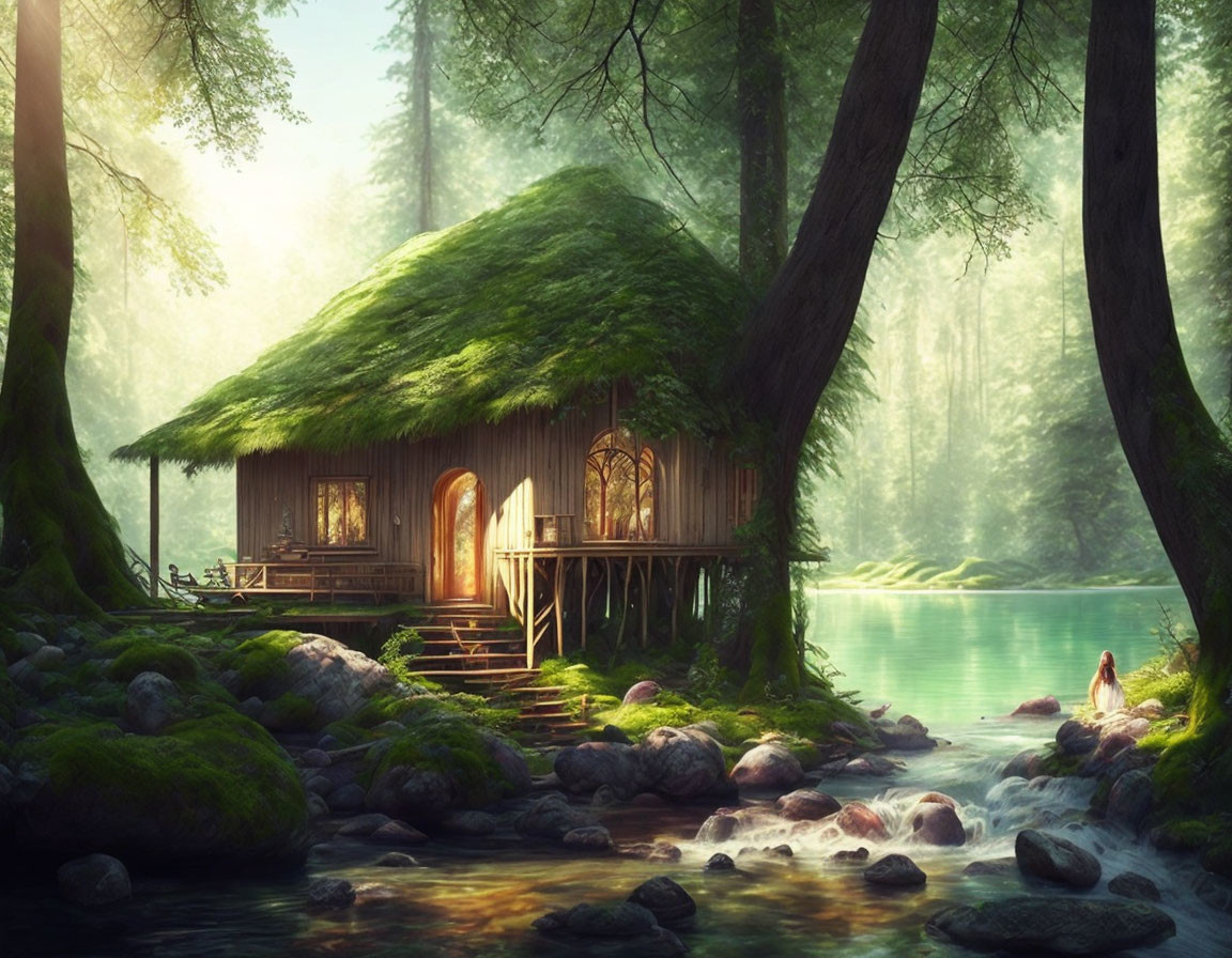 Whimsical cottage with grass-covered roof in serene forest by gentle stream