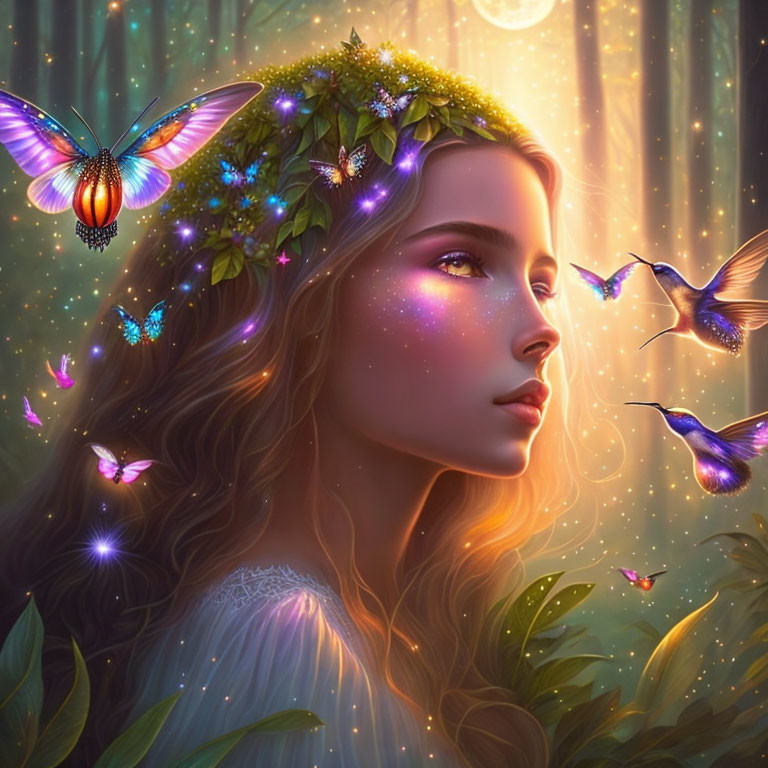 Illustration: Woman with floral crown, butterflies, hummingbirds, and forest backdrop