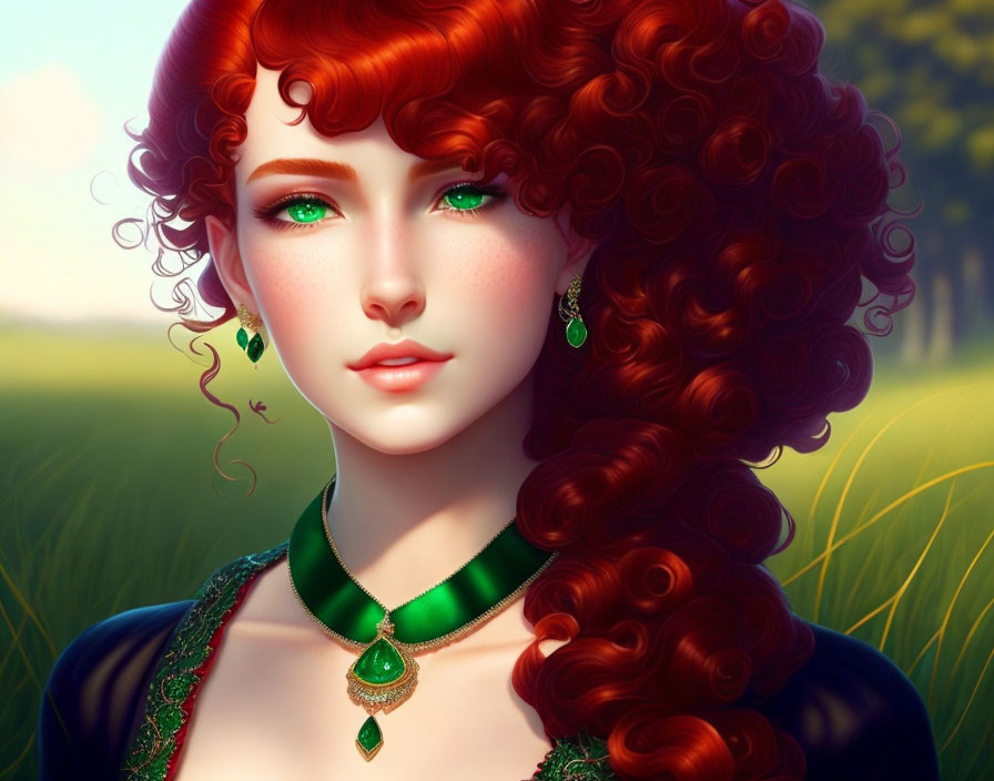 Vibrant red-haired woman with green eyes and jewelry on grassy backdrop