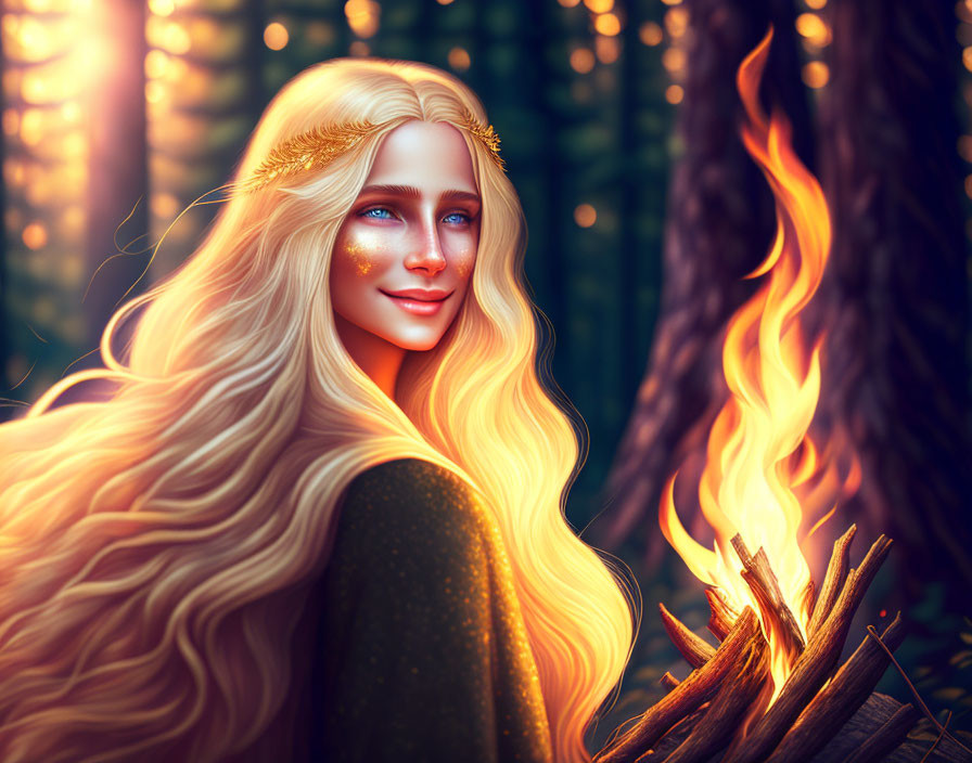 Blonde woman with golden headpiece by forest campfire