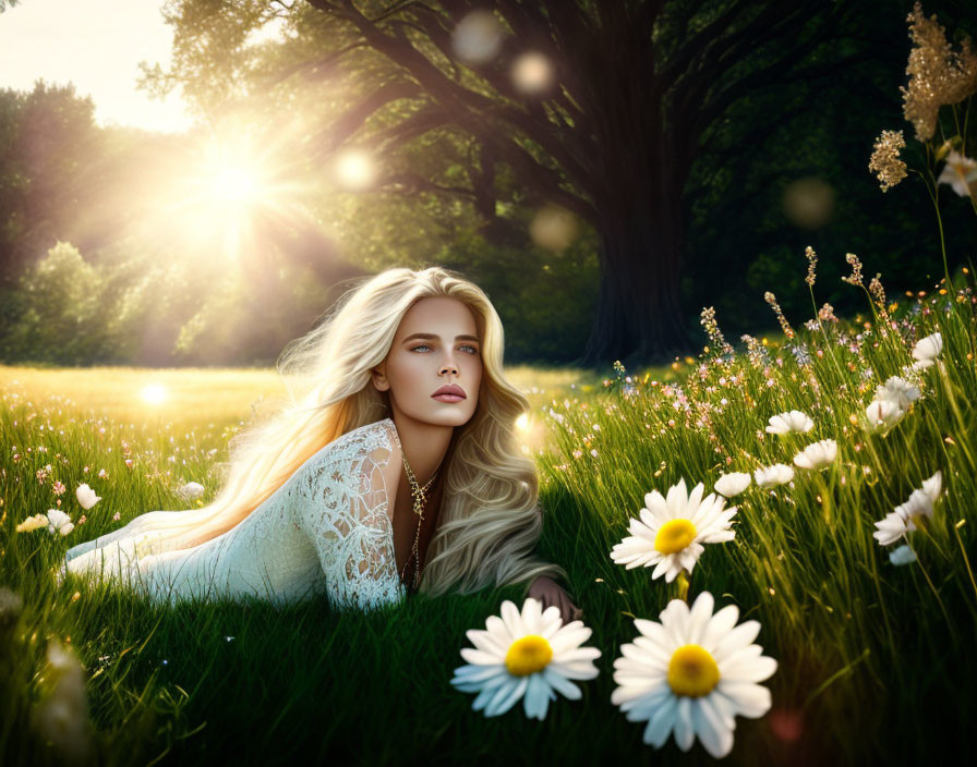 Blonde woman in sunlit meadow with daisies