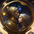 Profile of man and woman touching foreheads in digital art with golden circular frame and cosmic background