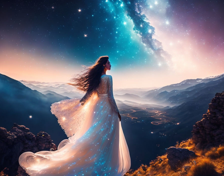 Woman in glowing dress gazes at starry sky over twilight horizon on cliff