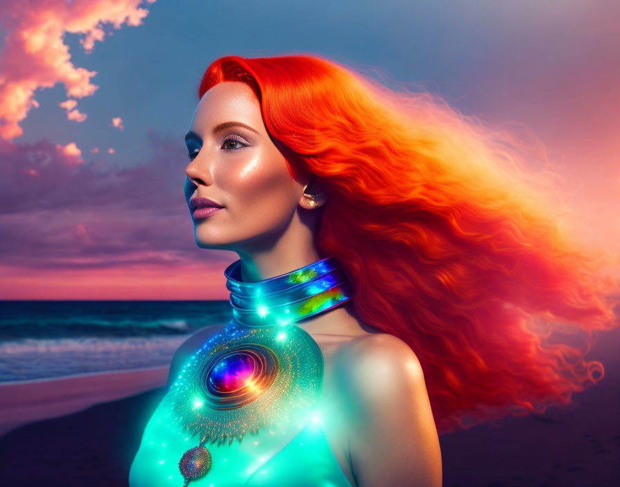 Red-haired woman with futuristic blue neckwear on beach with pink clouds