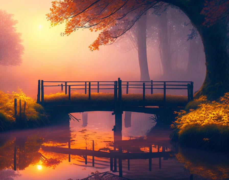 Tranquil autumn landscape: old wooden bridge over calm river surrounded by misty orange trees