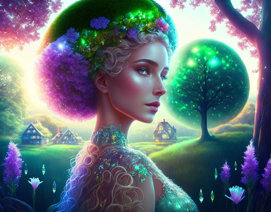 Portrait of woman with floral hair in enchanted forest setting