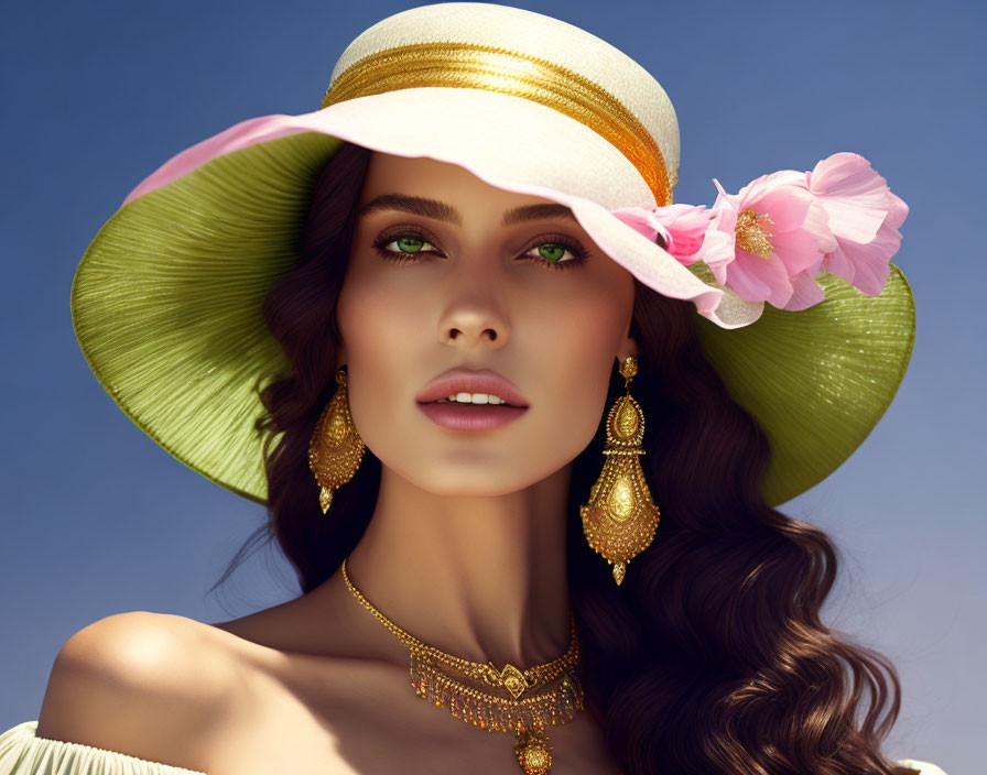 Woman with wavy hair in green and white hat with pink flower and golden jewelry on blue sky background