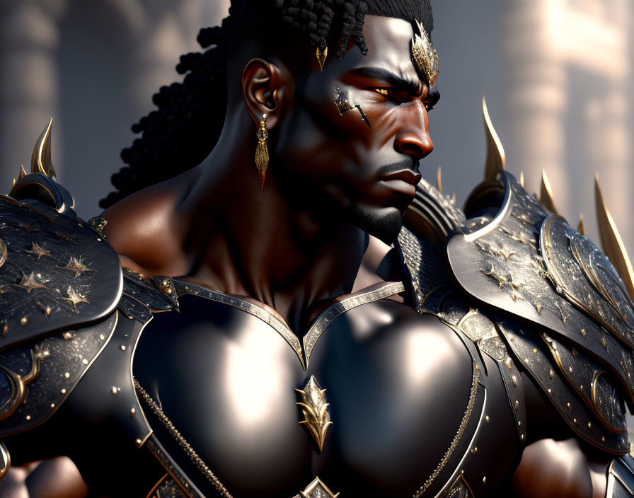 Digital artwork: Dark-skinned male in black and gold armor with intense expression