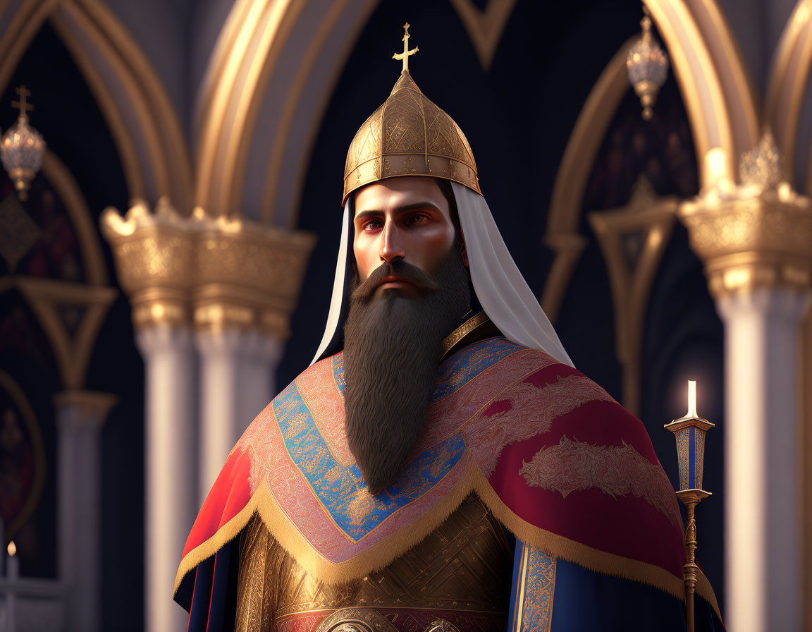 Regal bearded figure in crown and cape in cathedral setting