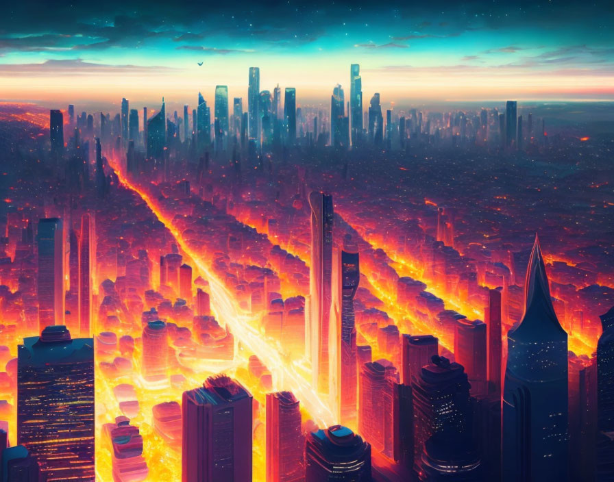 Futuristic cityscape with glowing streets and high-rise buildings at dusk