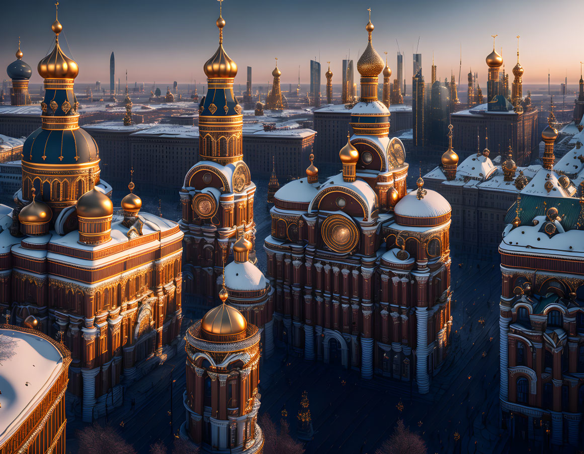 Golden-domed buildings in snow-covered cityscape at sunset