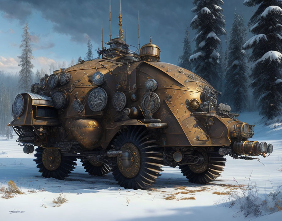 Bronze steampunk-style vehicle in snowy forest