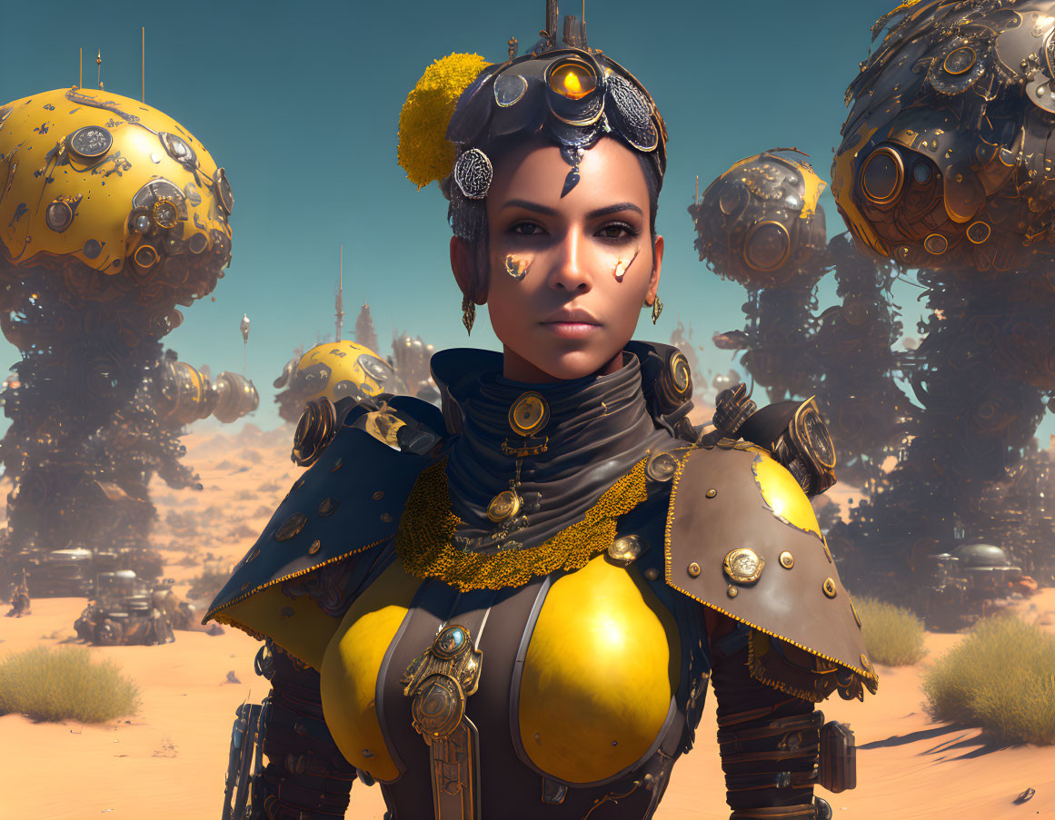 Futuristic female warrior in golden armor with hovering robots in desert landscape