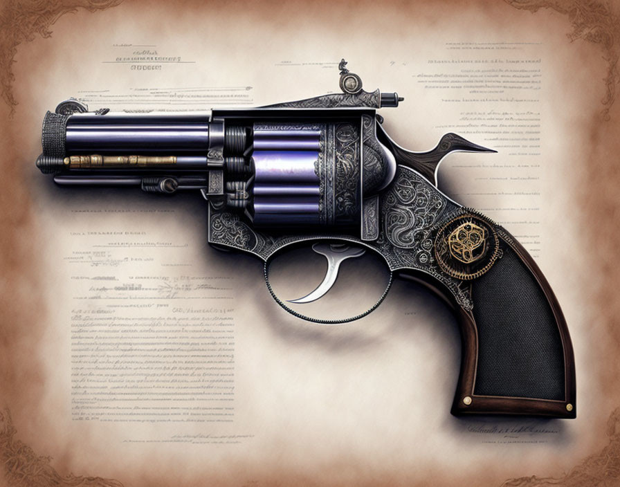 Intricately engraved antique revolver on vintage documents