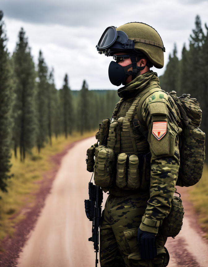 Soldier in tactical gear with gas mask on dirt road near forest.