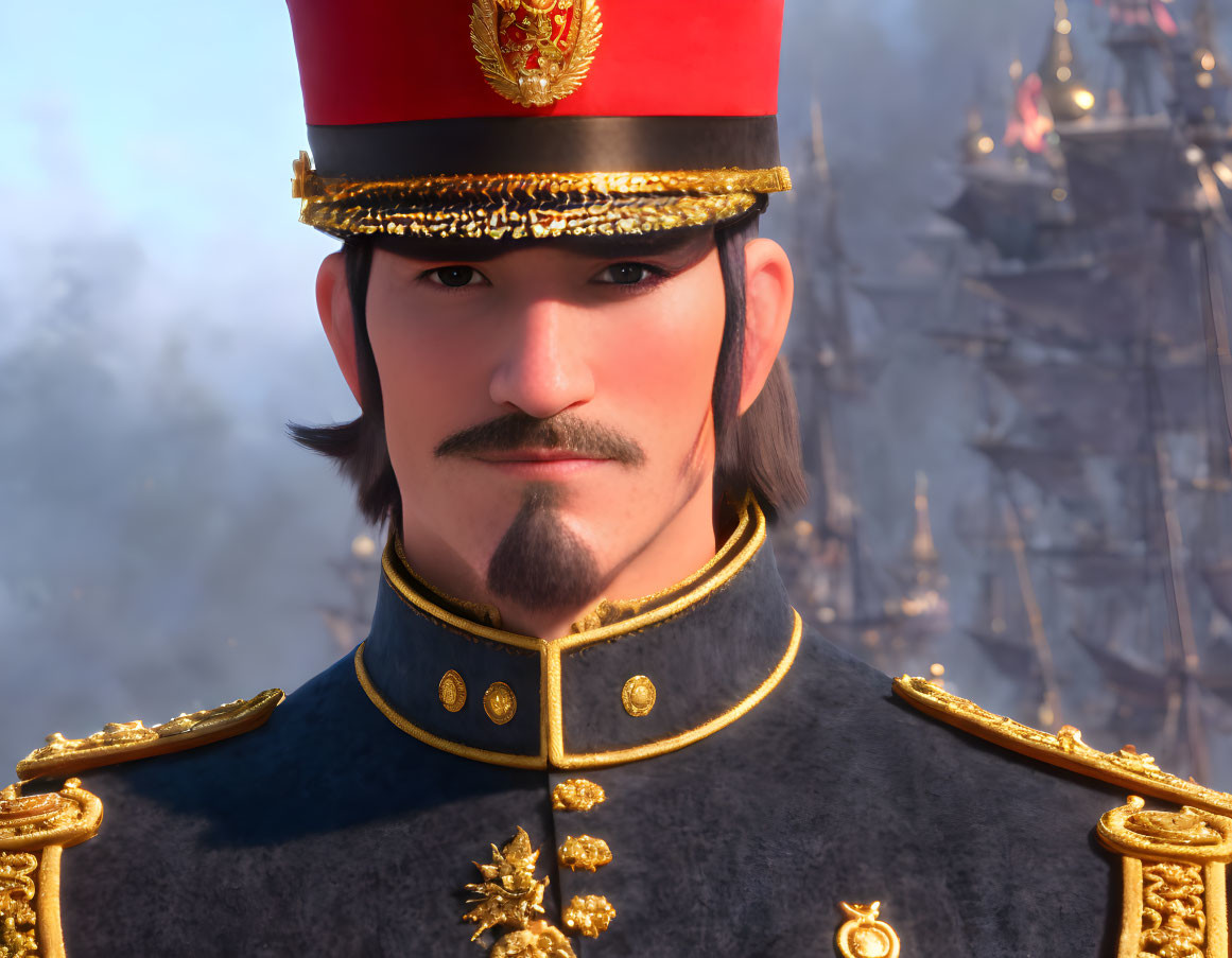 Animated character in ceremonial military uniform with golden epaulettes and red cap in realistic textures.