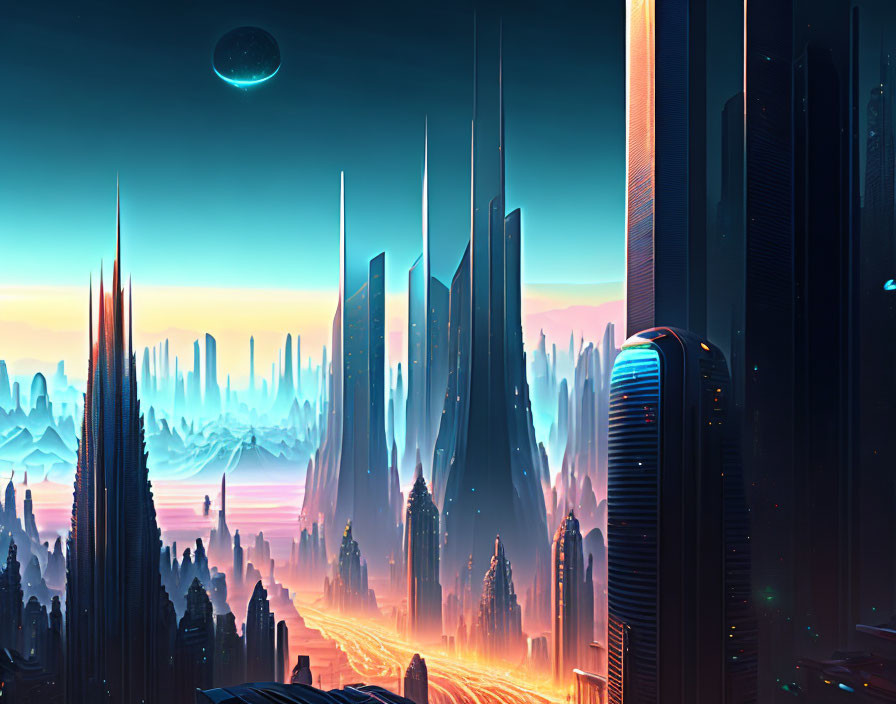 Futuristic cityscape with towering skyscrapers and glowing roadways