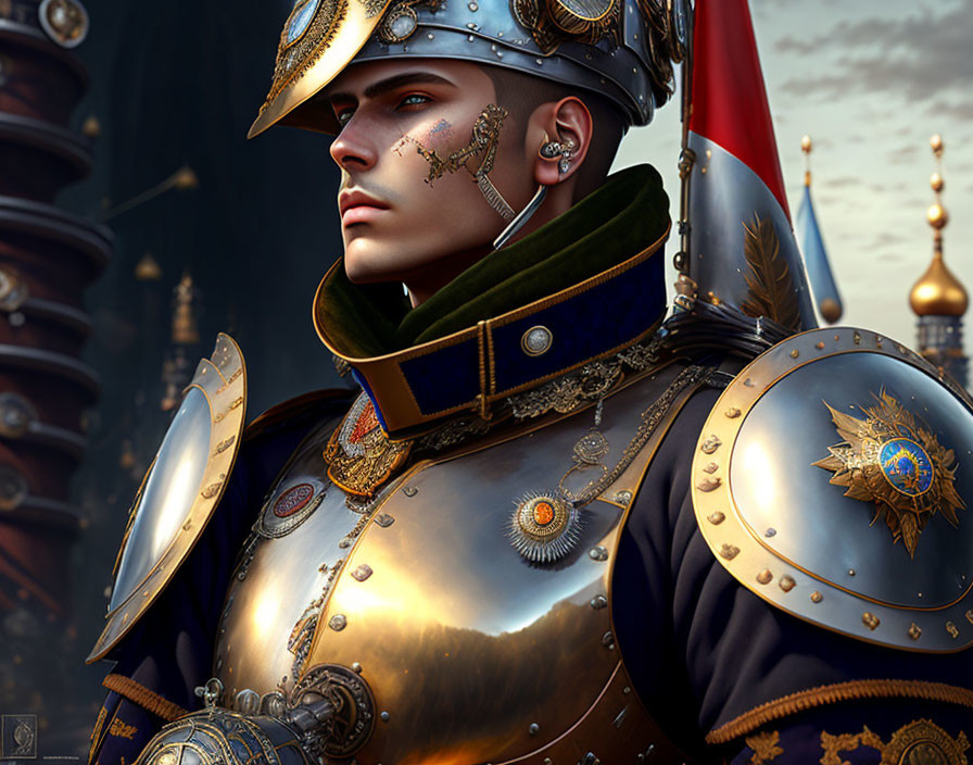 Regal figure in Renaissance-style armor and military hat illustration