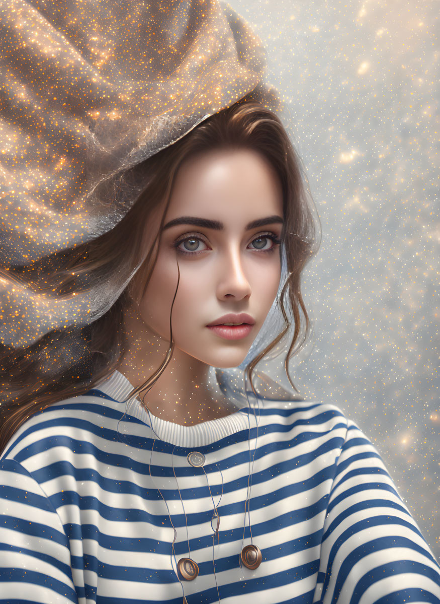 Person in Golden Shawl Gazes Away Against Sparkling Background