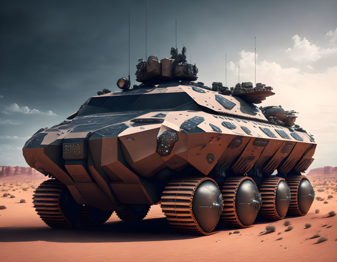 Armored vehicle with hexagonal paneling in desert landscape