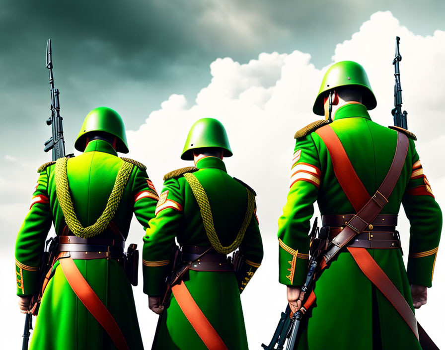 Three individuals in vibrant green and orange military uniforms standing back-to-back under a cloudy sky with rifles.