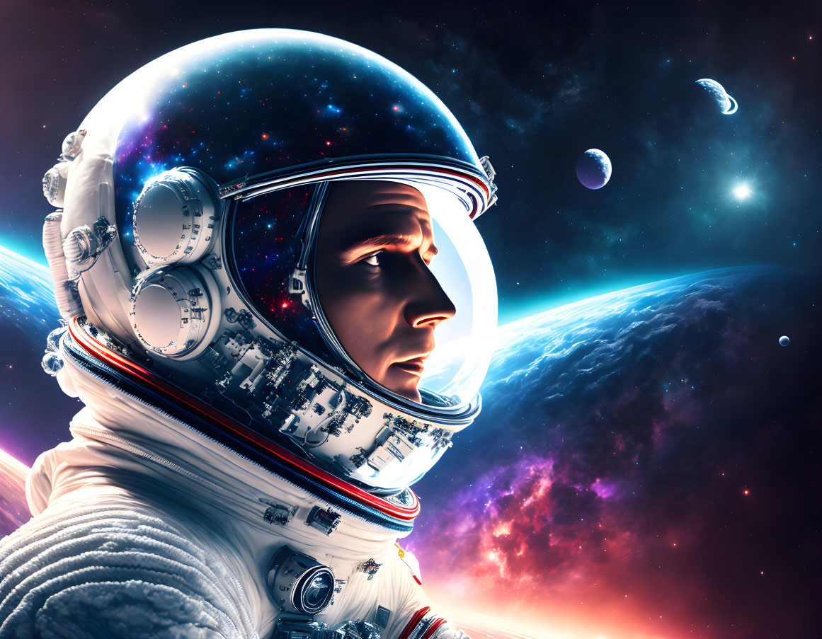 Astronaut in space helmet views celestial bodies and planet curvature.