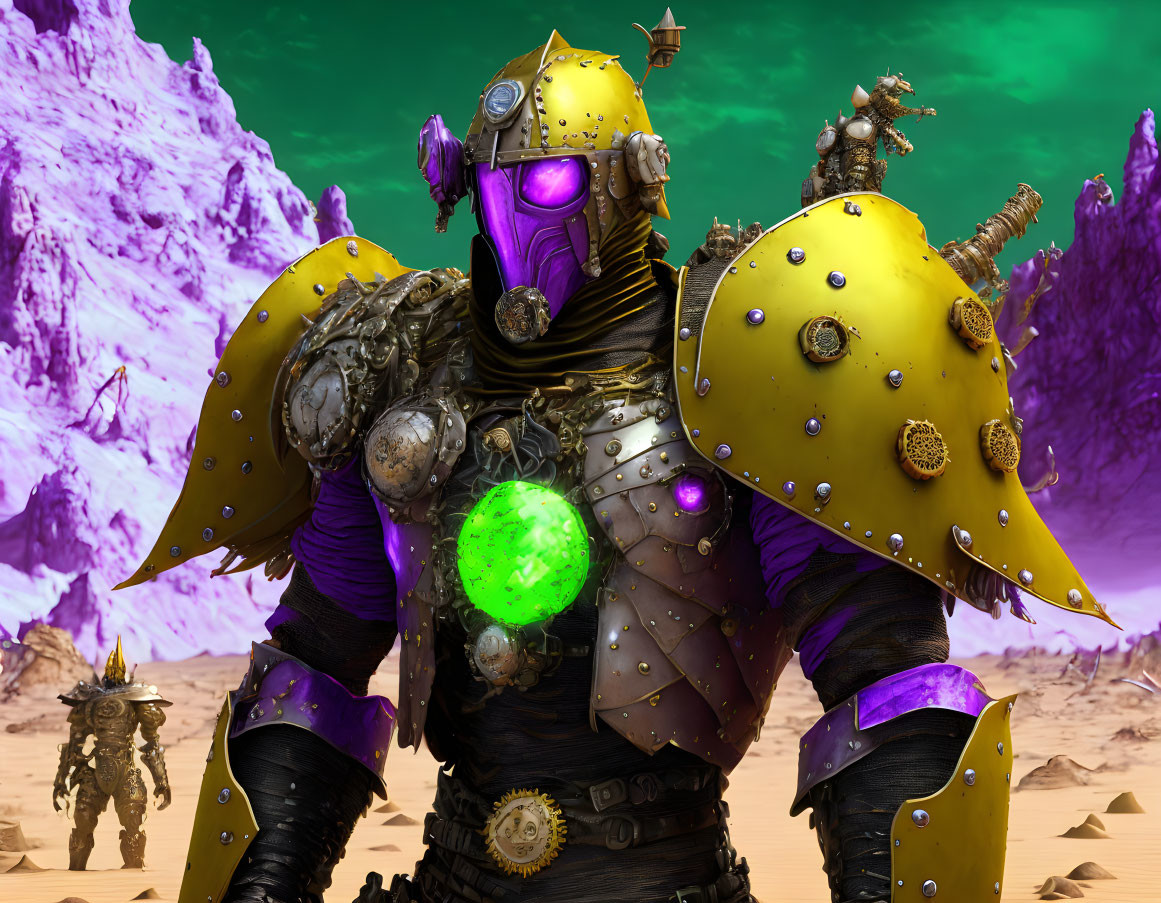 Futuristic knight in yellow and purple armor with glowing green chest piece in desert setting