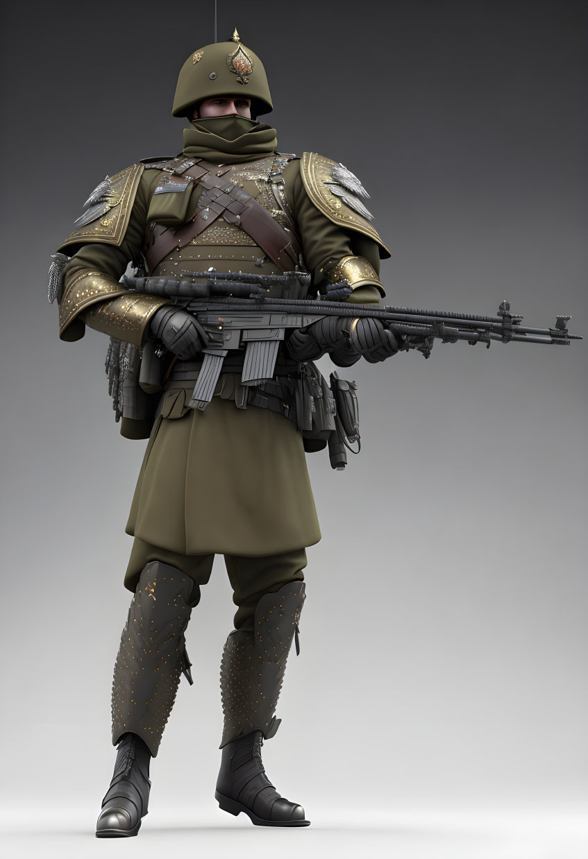 Futuristic soldier in armor with helmet and advanced rifle on grey background