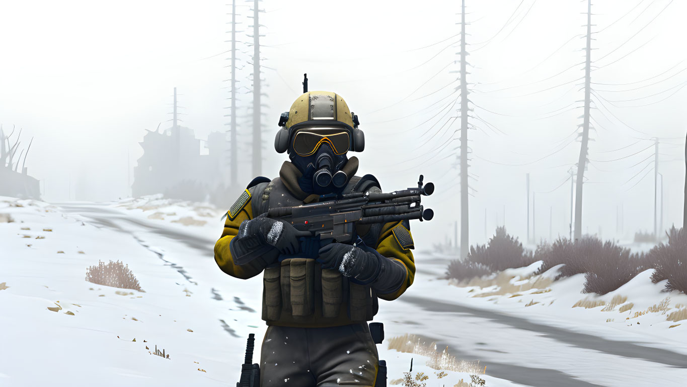 Soldier in tactical gear with gas mask holding rifle in snowy landscape