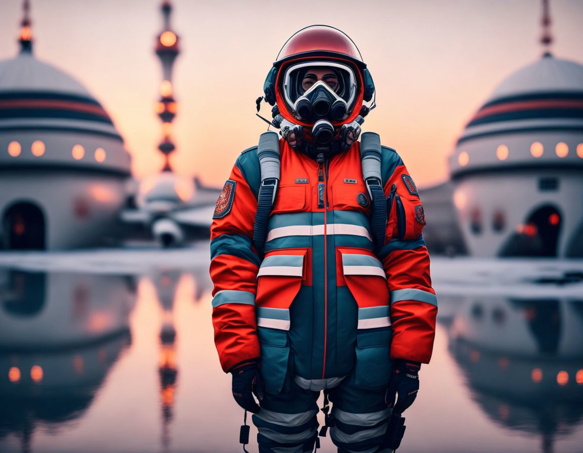 Astronaut in orange and grey spacesuit by futuristic domed structures at twilight