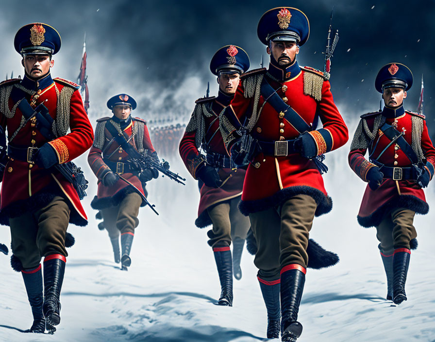 Ornate red uniform soldiers with rifles on misty battlefield