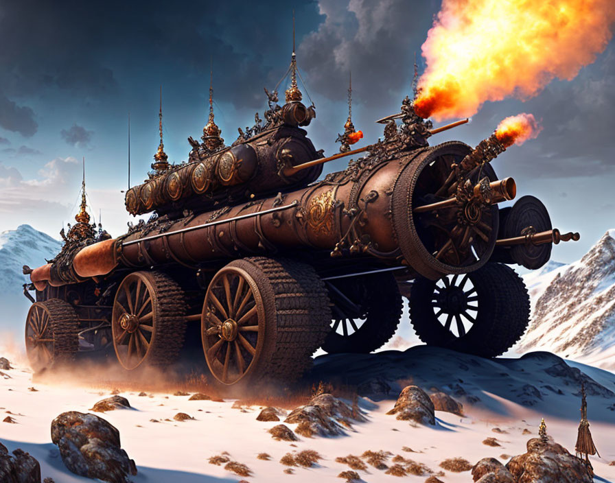 Steam-Powered Artillery Vehicle with Multiple Cannon Barrels on Snowy Mountain