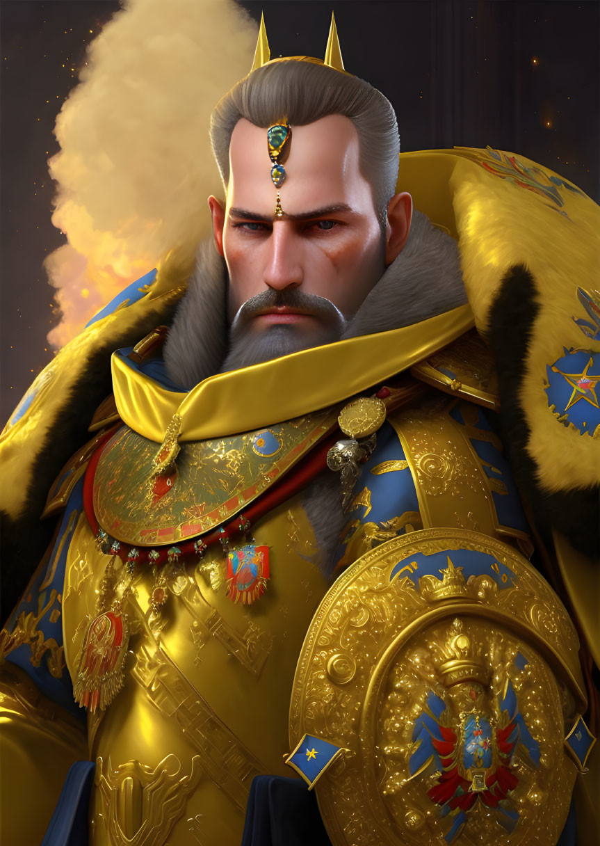 Majestic warrior in gold-blue armor with fur cloak & gemmed forehead piece