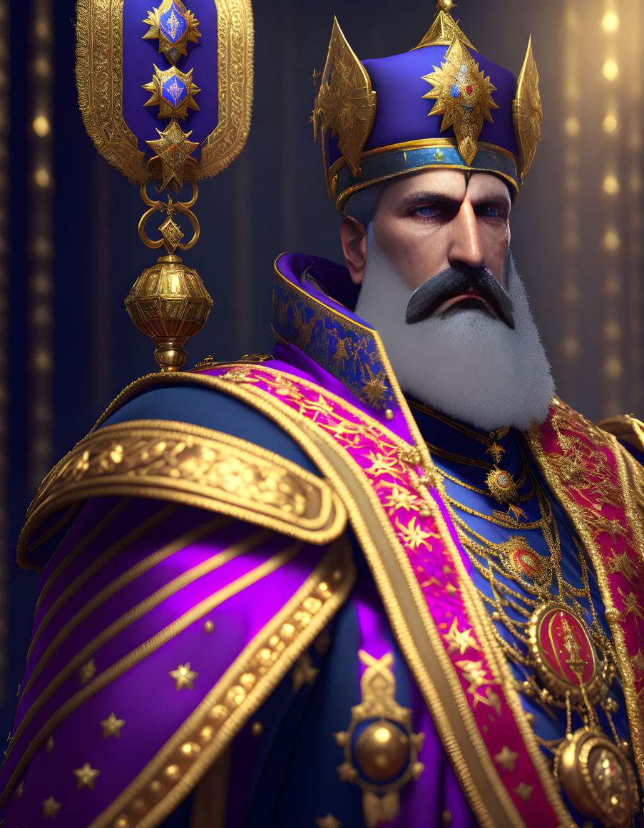 Regal Figure in Blue and Gold Uniform with Medals and Scepter