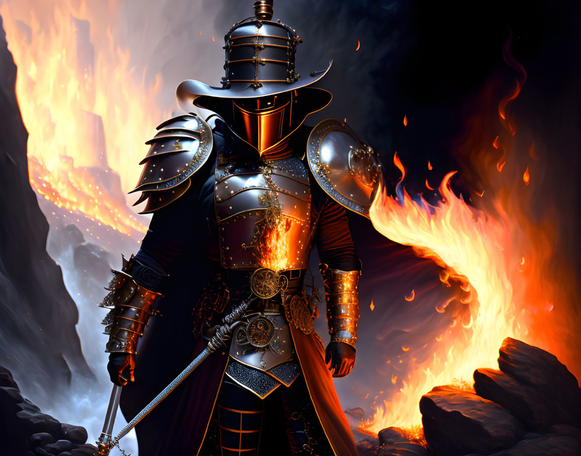 Knight in black armor with lava cracks on fiery background