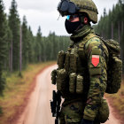 Soldier in tactical gear with gas mask on dirt road near forest.