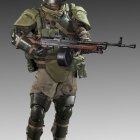 Futuristic soldier in armor with helmet and advanced rifle on grey background